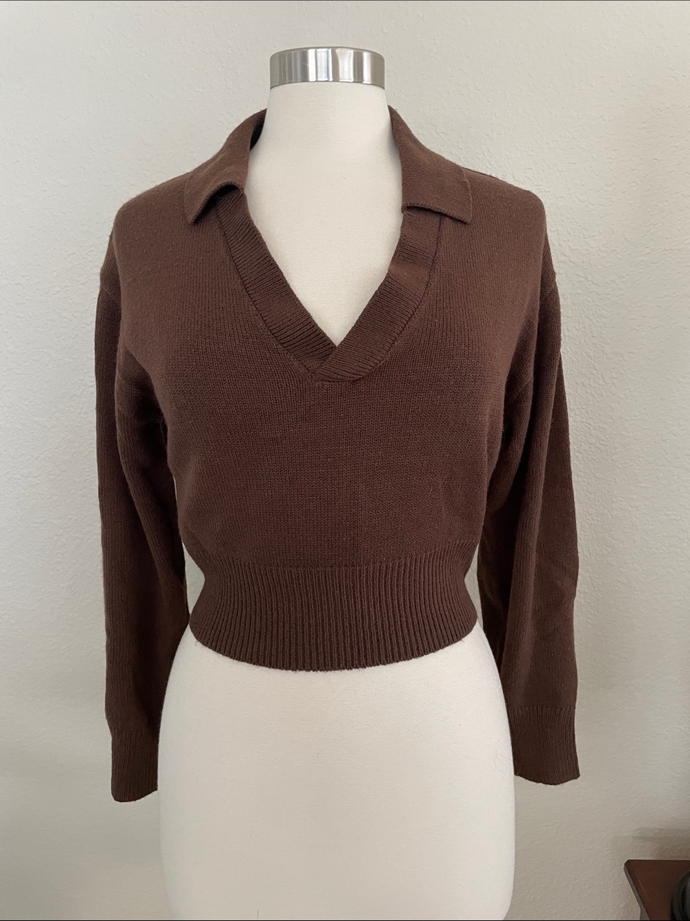 H&M Chocolate Brown Cropped V-Neck Polo Sweater